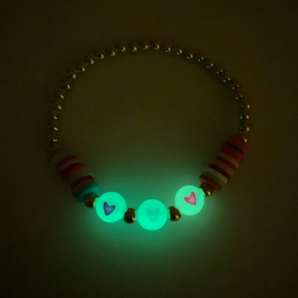 Girls faux gold beaded stretch multi glow in the dark bracelet